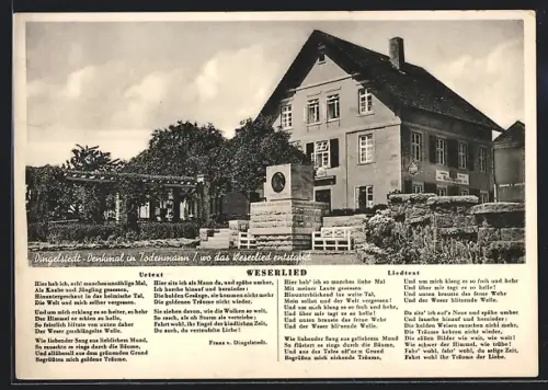AK Todenmann, Gasthaus & Pension Reese, Dingelstedt-Denkmal, Weserlied