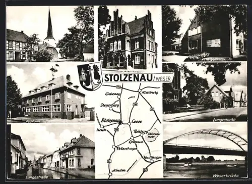 AK Stolzenau /Weser, Die Kirche, Das Postamt, Partien in der Langestrasse