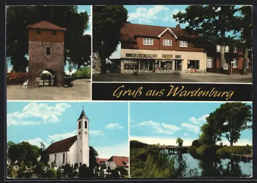 AK Wardenburg, Turm mit Portal, Die Kirche, Flusspartie mit Brücke