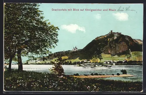 AK Drachenfels, Ortsansicht mit Blick auf Königswinter und Rhein