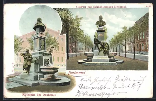 AK Dortmund, Ostwall mt Schüchtermann-Denkmal, Front und Rückseite
