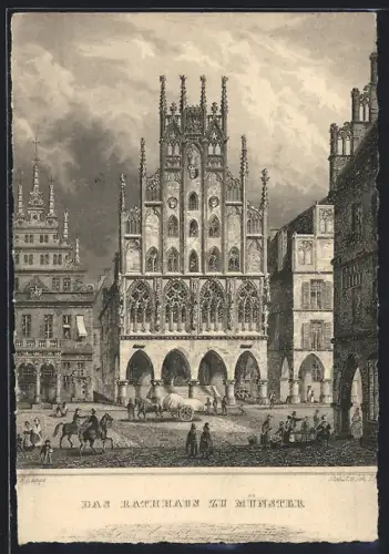 Künstler-AK Münster / Westfalen, Rathaus mit Strassenpartie