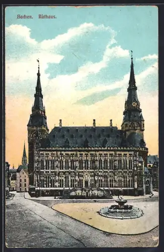 AK Aachen, Strassenpartie mit Rathaus und Brunnen