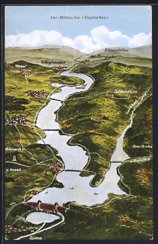 Künstler-AK Völlinghausen / Möhnesee, Panorama mit Bahnhof Wamel, Nieder-Bergheim und Ochsenrücken