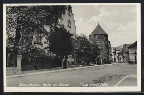 AK Hess. Lichtenau, Strassenpartie am Obertor mit Turm