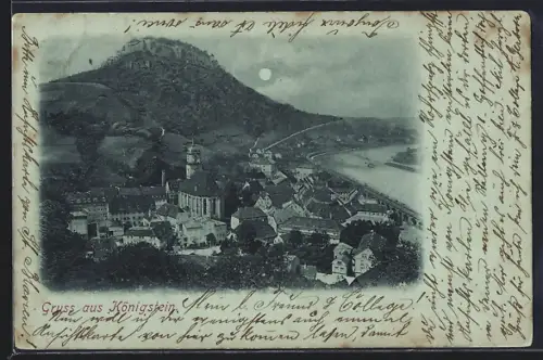 Mondschein-AK Königstein / Elbe, Teilansicht mit Kirche