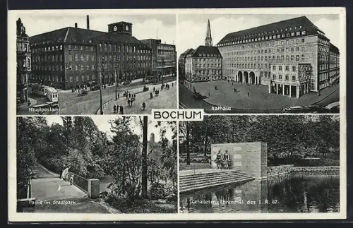AK Bochum, Rathaus, Hauptpostamt mit Strassenbahn, Gefallenen Ehrenmal des I. R. 67, Stadtpark