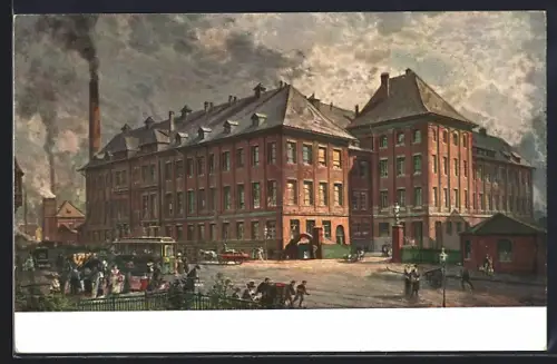 Künstler-AK Essen, Friedrich Krupp AG, Gussstahlfabrik Essen, Chemisches Laboratorium, Strassenbahn