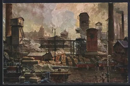 Künstler-AK Essen, Fried. Krupp A.-G., Zeche ver. Sälzer und Neuack