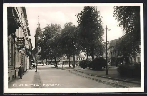 AK Krefeld, Ostwall mit Hauptbahnhof, Strassenpartie