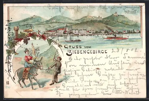 Lithographie Königswinter /Siebengebirge, Teilansicht, Frau auf einem Esel