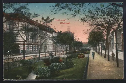 AK Dortmund, Königswall mit Passanten