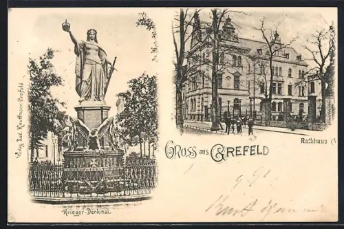 AK Crefeld, Rathaus, Krieger-Denkmal