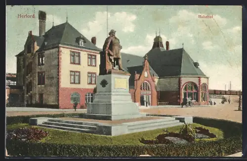 AK Herford, Bahnhof mit Denkmal