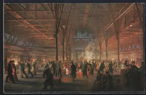 Künstler-AK Essen, Gussstahlfabrik Fried. Krupp AG, Tiegelguss im Schmelzbau, Fabrikarbeiter