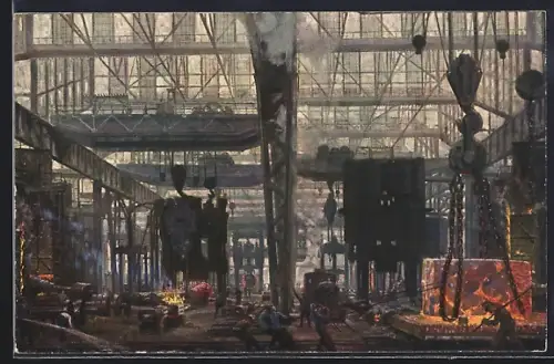Künstler-AK Essen, Gussstahlfabrik Fried. Krupp A.-G., Pressbau II mit Fabrikarbeitern
