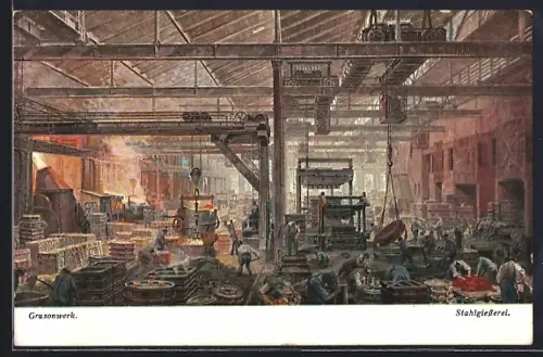 Künstler-AK Magdeburg-Buckau, Grusonwerk, Innenansicht der Stahlgiesserei