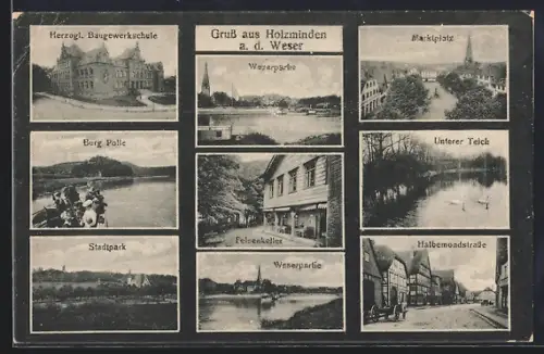 AK Holzminden a. d. Weser, Felsenkeller, Herzogl. Baugewerkschule, Marktplatz