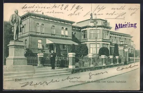 AK Kiel, Krupp-Denkmal mit Gebäude vom Kaiserl. Yachtklub