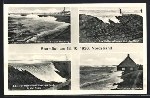 AK Nordstrand, Sturmflut 1936, Seedeich in schwerer Brandung, Höchststand der Flut, Wellen schlagen über den Deich