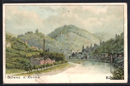 Künstler-AK Altena a. Lenna, Flusspartie mit Blick zur Stadt