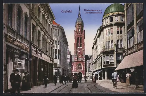 AK Krefeld, belebte Rheinstrasse und Dionysiuskirche