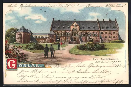 Lithographie Goslar, Kaiserhaus mit Parkanlagen