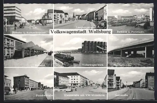 AK Wolfsburg / Fallersleb, Bahnhof, Porsche-, Rothenfelder-, Laagberg-, Saar-, Kleiststrasse, VW-Wohnheim, Volkswagenwerk