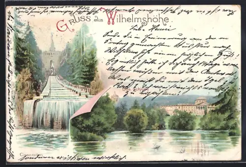 Lithographie Wilhelmshöhe, Das Schloss und die Cascaden