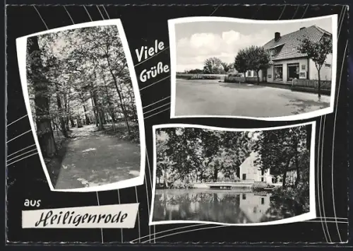 AK Heiligenrode / Stuhr, Geschäftshaus, Weg im Park und Uferpartie mit Brücke