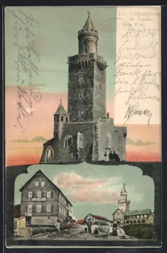 AK Feldberg /Taunus, Feldbergturm Strassenpartie mit Gasthäusern