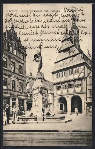 AK Giessen, Kriegerdenkmal mit Rathaus