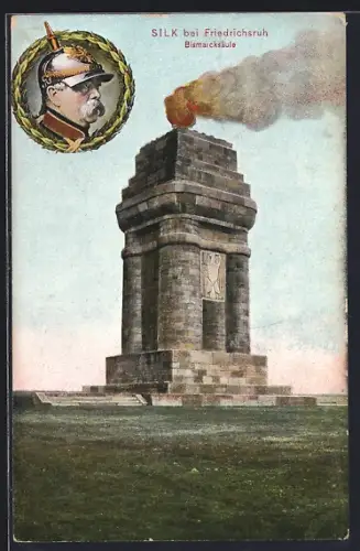 AK Silk bei Friedrichsruh, Bismarcksäule mit Feuer, Portrait