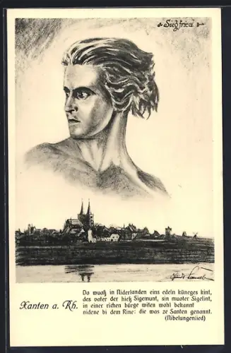 AK Xanten, Blick zur Stadt, Portrait des Siegfried, Nibelungen