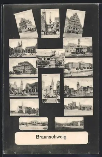 AK Braunschweig, Brunnen am Altstadtmarkt, Herzog-Wilhelm-Denkmal, Burgplatz, Herzogl. Hoftheater