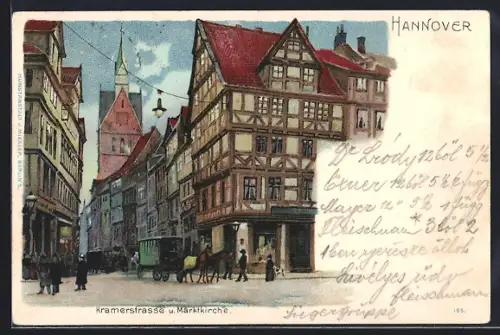 Lithographie Hannover, Partie an der Kramerstrasse mit Marktkirche