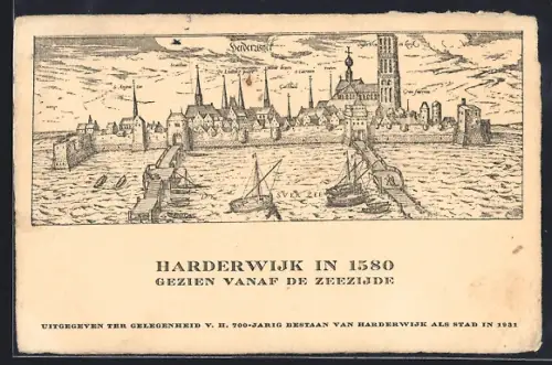 Künstler-AK Harderwijk, Harderwijk in 1580, gezien vanaf de Zeezijde
