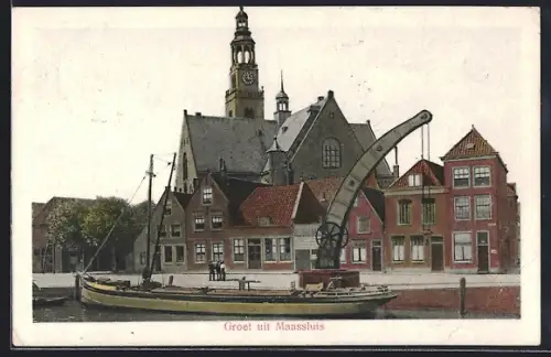 AK Maassluis, Partie mit Kran und Lastkahn