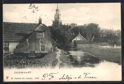 AK Zegwaart, Ortspartie am Fluss, Blick zum Kirchturm