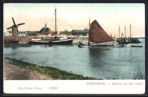 AK Vreeswijk, Gezicht op het hoofd, Hafen mit Blick zur Windmühle