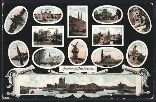 AK Amsterdam, Postkantoor, Westerkerk, Moolen a. d. Nieuwe Vaart