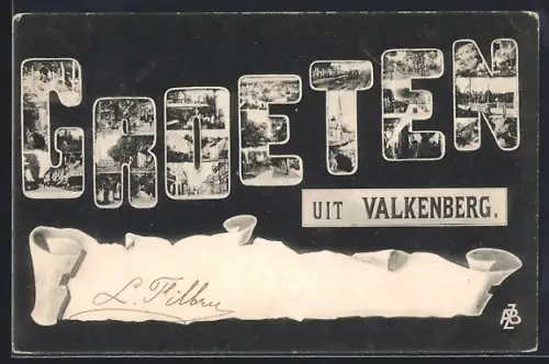 AK Valkenberg, Schriftzug Groeten uit Valkenberg mit Kirche, Brücke und Strassenpartie