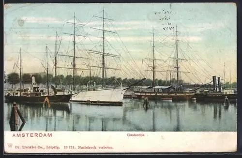 AK Amsterdam, Oosterdok, Panorama mit Segelschiffen