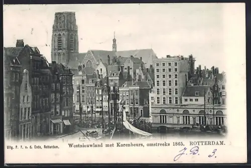AK Rotterdam, Westnieuwland met Korenbeurs, omstreeks 1865