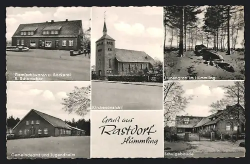 AK Rastdorf /Hümmling, Gemischtwaren u. Bäckerei R. Schomaker, Gemeindeamt und Jugendheim