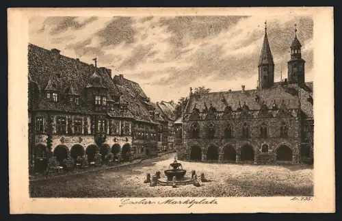 AK Goslar, Marktplatz mit Brunnen
