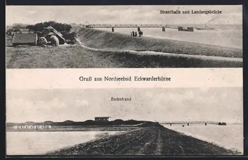 AK Eckwarderhörne, Strandhalle und Landungsbrücke, Badestrand