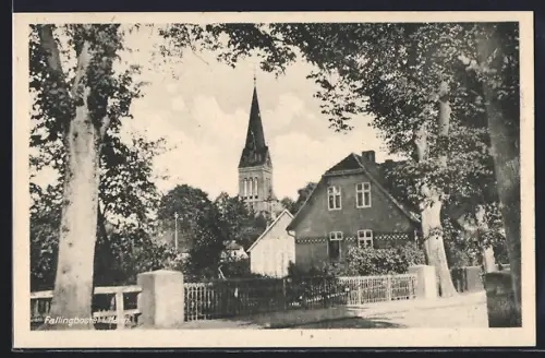 AK Fallingbostel, Partie mit Kirche, Häusern und Bäumen