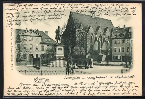 AK Braunschweig, Lessingplatz mit Denkmal