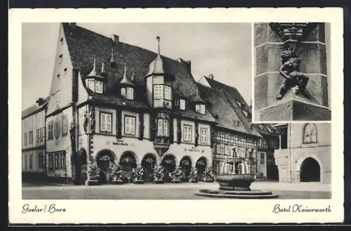 AK Goslar, Partie am Hotel Kaiserworth, Skulptur